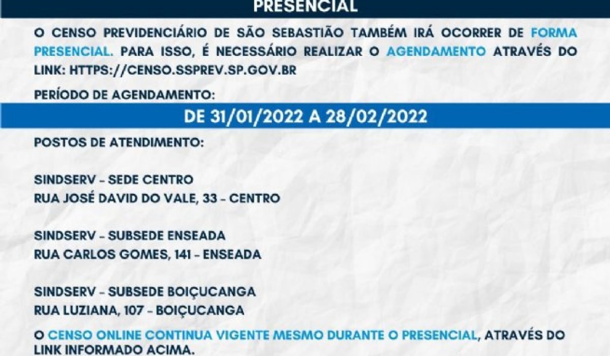 Censo Previdenciário de São Sebastião é prorrogado até o dia 28 de fevereiro